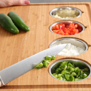 Bamboo Cutting board with Integrated Stainless Steel Prep Bowls